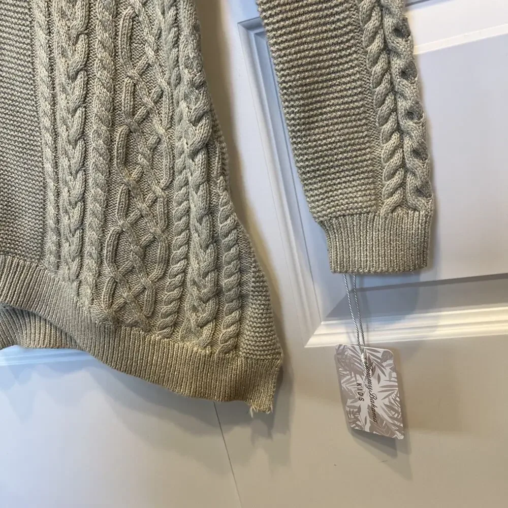 NEW Tommy Bahama Girls Sweater Size M 7/8 Cable Knit Tan Metallic Asymmetrical